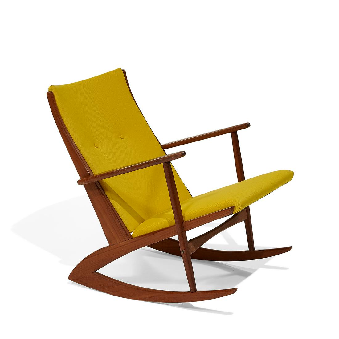 Søren Georg Jensen rocking chair: Søren Georg Jensen (1917-1982) for Kubus Møbler rocking chair Denmark, 1960s teak, upholstery unmarked 25"w x 33"d x 29 1/2"h