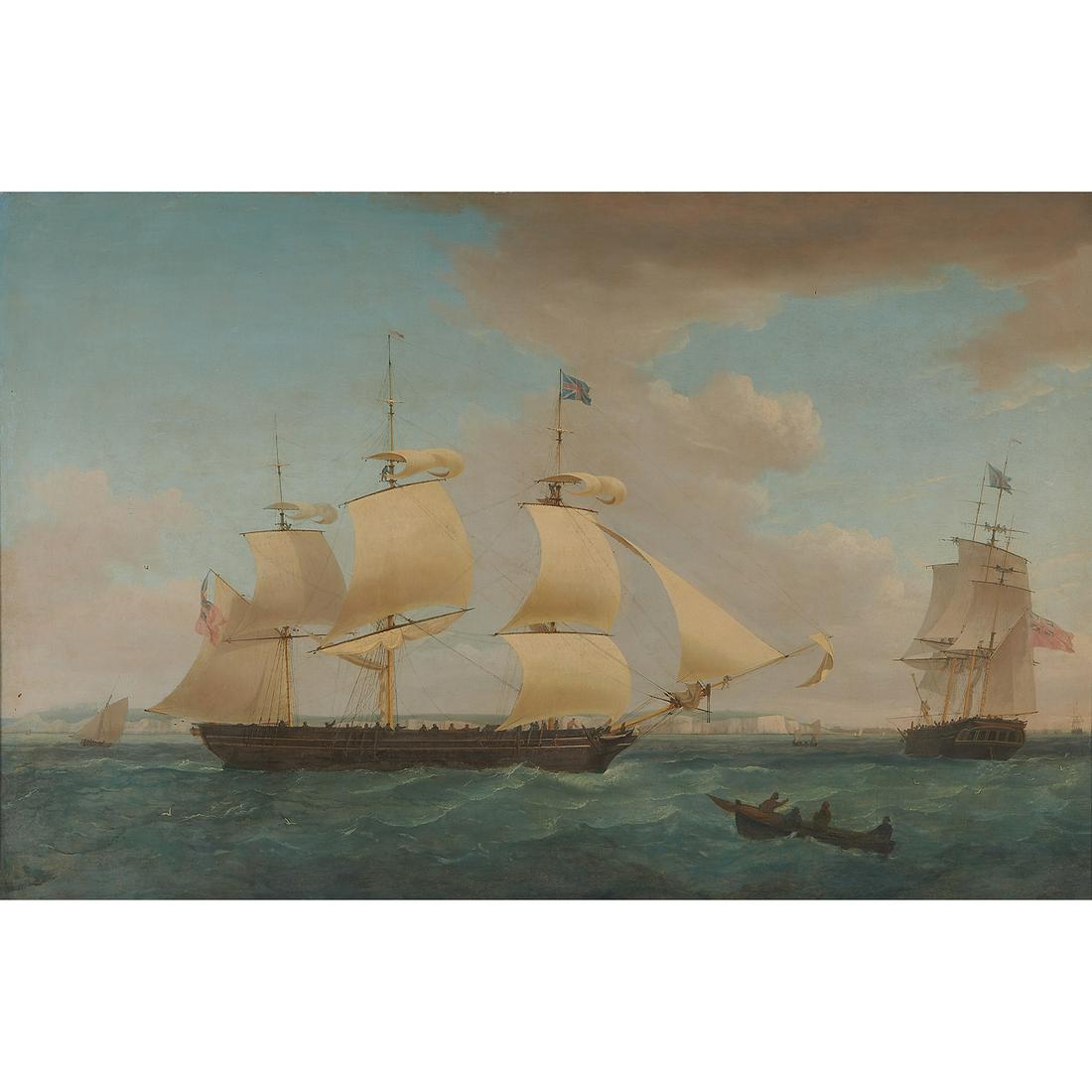 In the Manner of Thomas Whitcombe, Ships: In the Manner of Thomas Whitcombe (British School, 18th/19th century) Marine Painting of Ships off Dover oil on canvas unsigned 34 1/8" x 52 3/8"