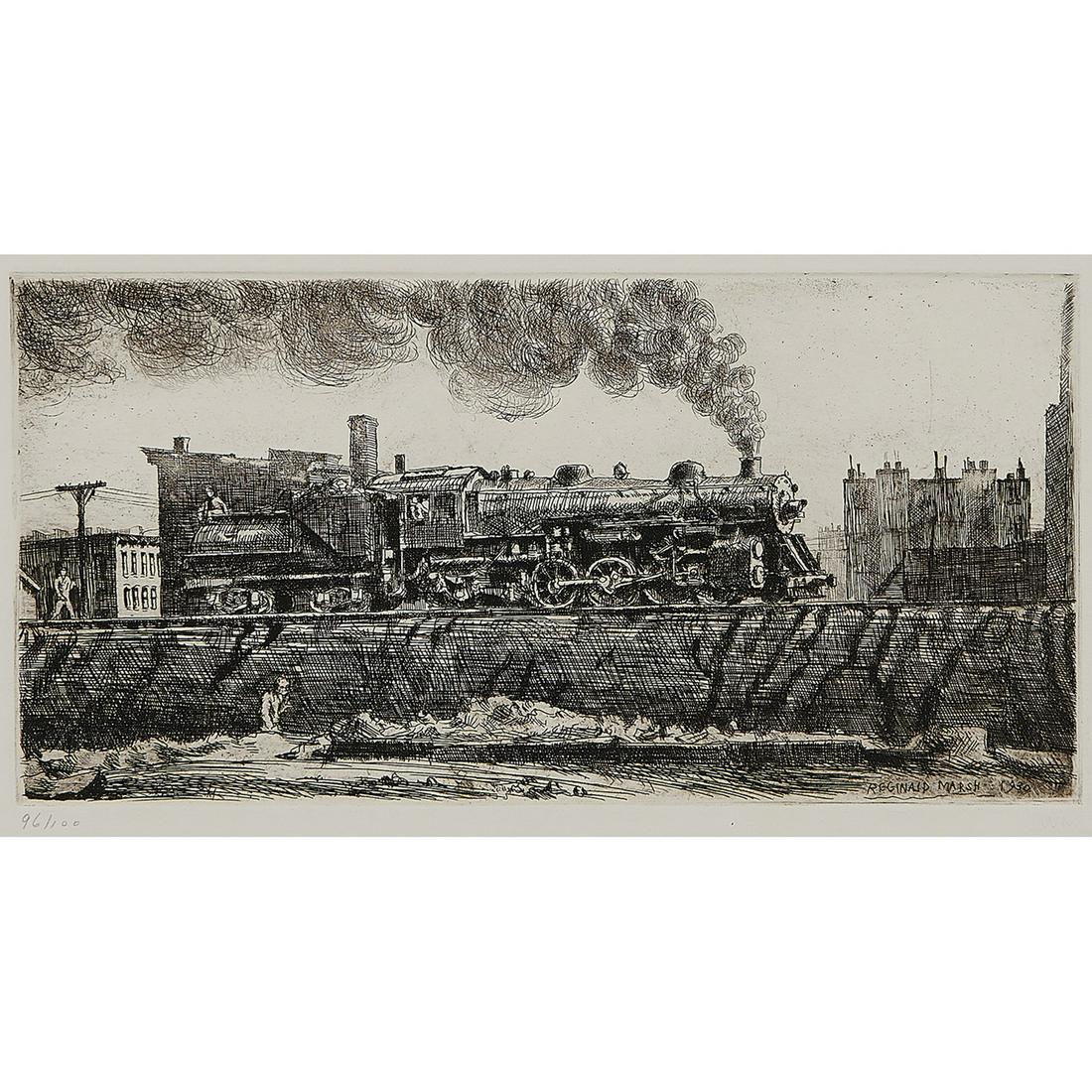 Reginald Marsh, Loco Going through Jersey City: Reginald Marsh (American, 1898-1954) Loco Going Through Jersey City, 1930 etching signed and dated in plate lower right numbered in pencil lower left margin WM embossed stamp lower right margin Whitne