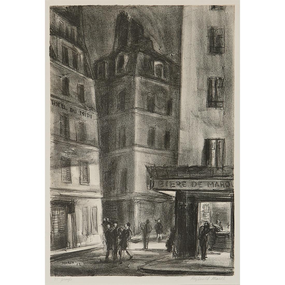 Reginald Marsh, Rue St. Jacques: Reginald Marsh (American, 1898-1954) Rue St. Jacques, 1928 lithograph on chine appliqué signed and numbered in pencil lower margin signed and dated in plate lower left inscribed 35 proofs lower l