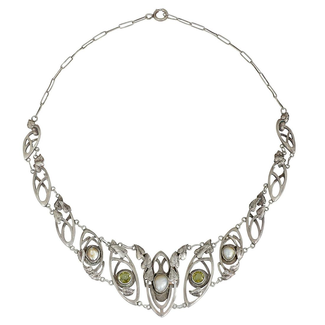 The Kalo Shop, necklace: The Kalo Shop necklace Chicago, Illinois sterling silver, freshwater pearls, peridot stamped marks 17.4 dwts; stylized morning glory vine motif 14"l
