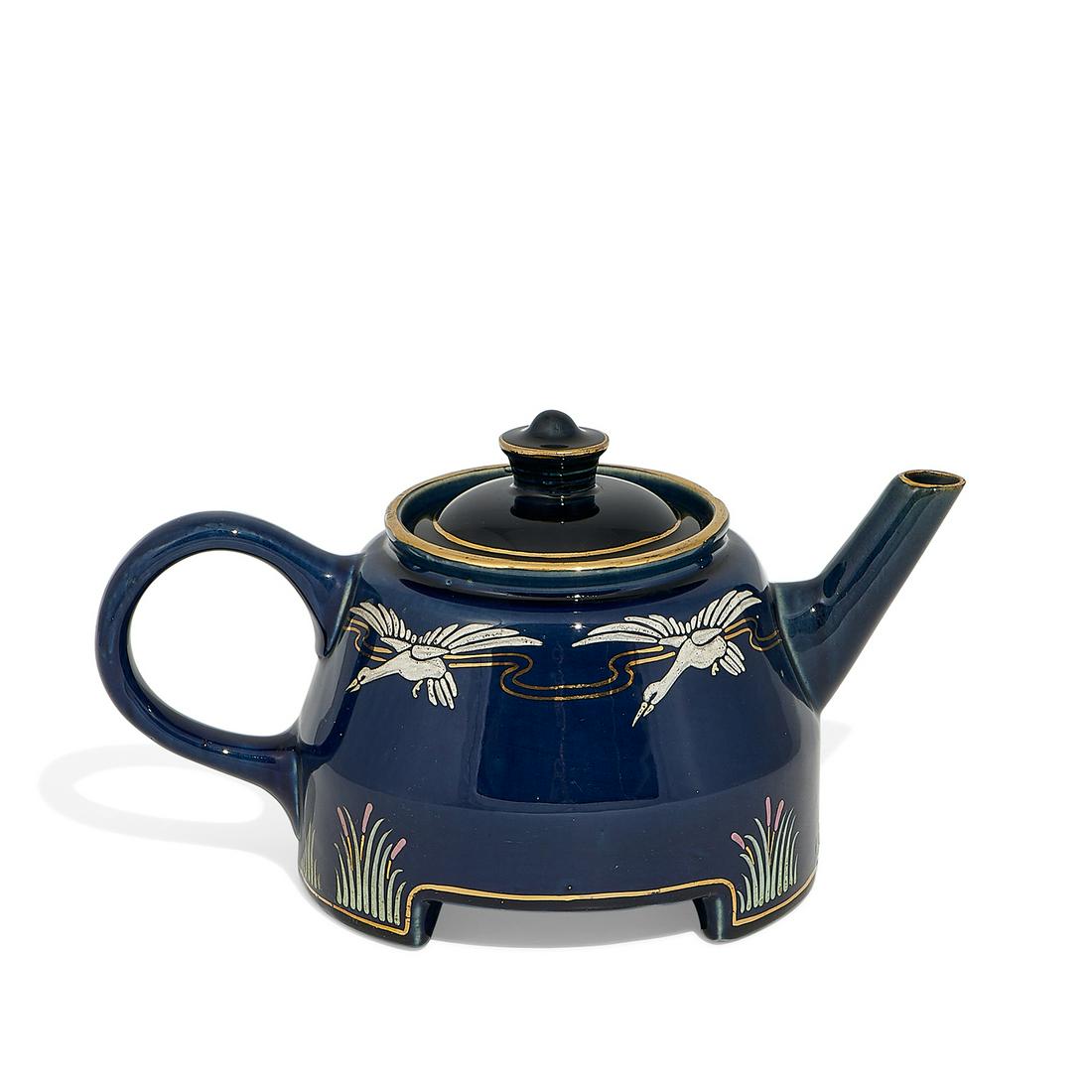 Roseville Pottery Co. Decorated Artware teapot: Roseville Pottery Co. uncommon Decorated Artware earthenware teapot with Jap Birdimal-like squeeze bag decoration of white geese, multicolored cattails and gold trim Zanesville, Ohio, circa 1910 high 
