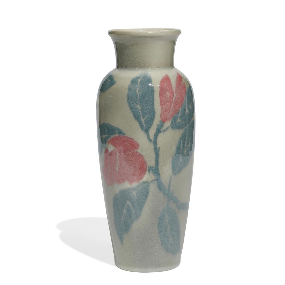 Elizabeth Barrett, Rookwood Pottery tall vase: Elizabeth Barrett (1903-1987) for Rookwood Pottery tall Decorated Porcelain vase with magnolia decoration, shape number 2785 Cincinnati, Ohio, 1946 high glazed ceramic impressed factory marks, incised