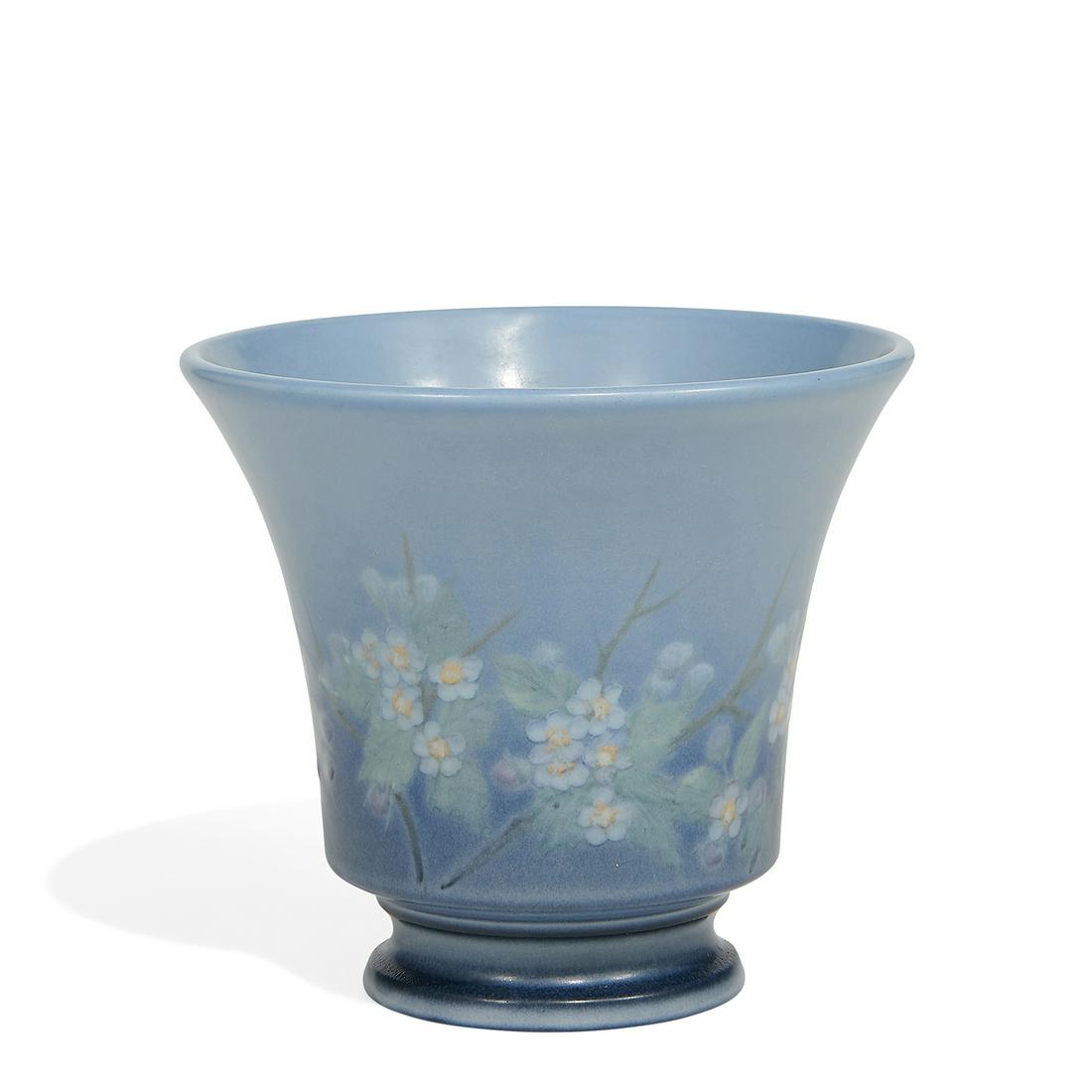 E.T. Hurley, Rookwood Pottery Vellum glaze vase: E.T. Hurley (1869-1950) for Rookwood Pottery porcelain Vellum glaze footed vase with cherry blossoms encircling, shape number 6013 Cincinnati, Ohio, 1928 matte glazed ceramic impressed factory marks,