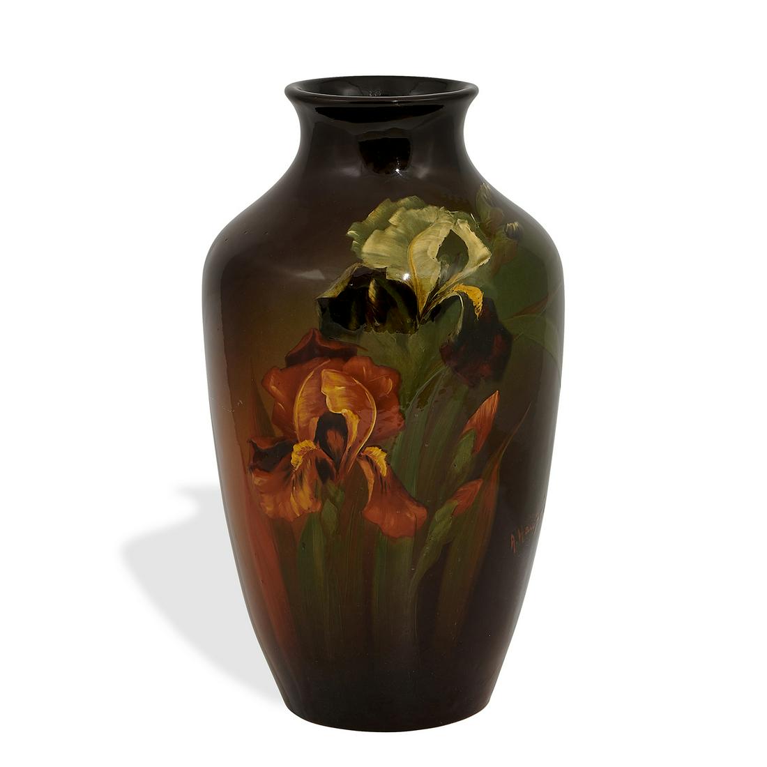 Albert Haubrich, Weller Pottery Co. Louwelsa vase: Albert Haubrich (1875-1931) for Weller Pottery Co. Louwelsa earthenware vase with life-size iris decoration Zanesville, Ohio, circa 1900 high glazed ceramic impressed factory marks, painted artist's n
