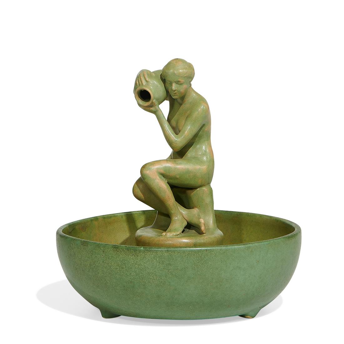 Frederick E. Walrath Water Carrier: Frederick E. Walrath (1870-1921) Studio Water Carrier earthenware bowl featuring a female nude with urn Rochester, New York, circa 1905 matte glazed ceramic incised "Walrath" on underside 9 1/2"dia x 