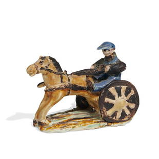 Overbeck Pottery earthenware figure: Overbeck Pottery earthenware figure of a trotting horse, driver and surrey in action Cambridge City, Indiana, circa 1940 high and matte glazed ceramic printed OBK mark 1 1/2"w x 3"d x 2 1/4"h