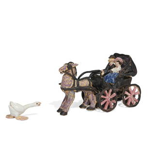 Overbeck Pottery figural sculptures, two: Overbeck Pottery earthenware figural sculptures, two: a large horse-drawn surrey carrying a man and a woman and a goose that seems to have startled the horse Cambridge City, Indiana, circa 1937 high a