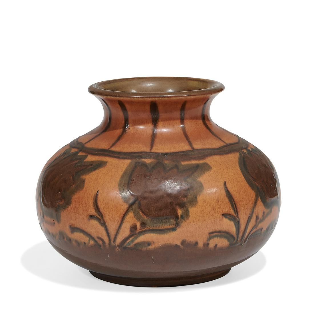 Elizabeth Barrett for Rookwood Pottery vase: Elizabeth Barrett (1903-1987) for Rookwood Pottery Decorated Mat glaze porcelain vase with stylized flowers, shape number 2822 Cincinnati, Ohio, 1928 matte glazed ceramic impressed factory marks, inci