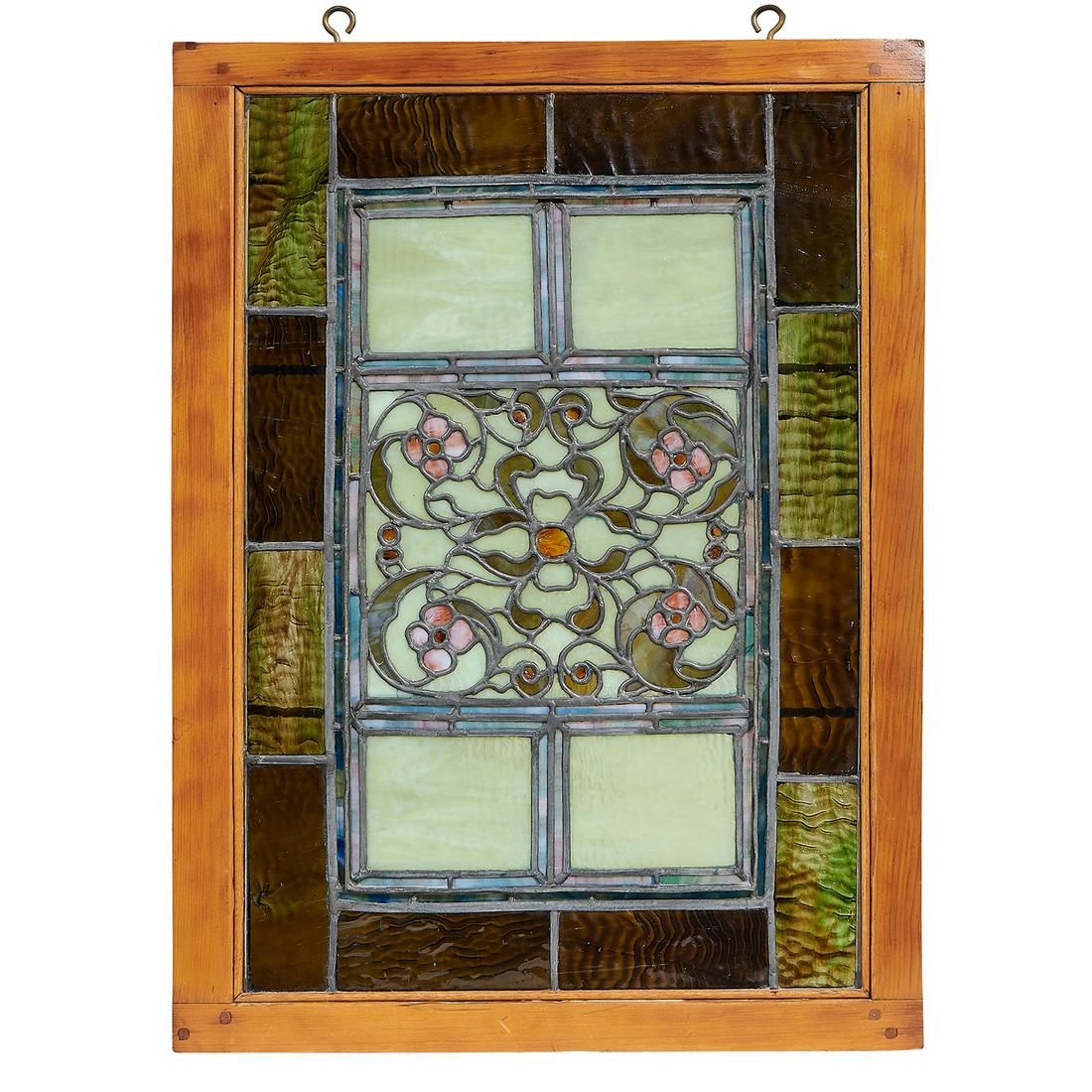 American Arts & Crafts leaded glass window: American Arts & Crafts leaded glass window leaded glass, pine window: 17 1/2"w x 25 1/2"h; frame: 21 5/8"w x 28 7/8"h x 1 5/8"d