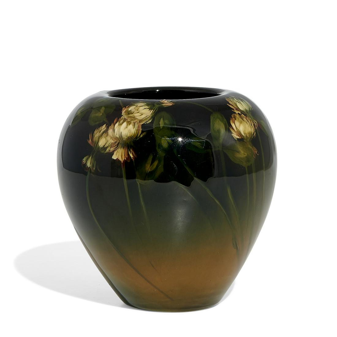 Carrie Steinle, Rookwood Standard Glaze vase: Caroline (Carrie) Steinle (1871-1944) for Rookwood Pottery earthenware Standard Glaze vase with white clover decoration, shape number 1120 Cincinnati, Ohio, 1907 high glazed ceramic impressed factory 