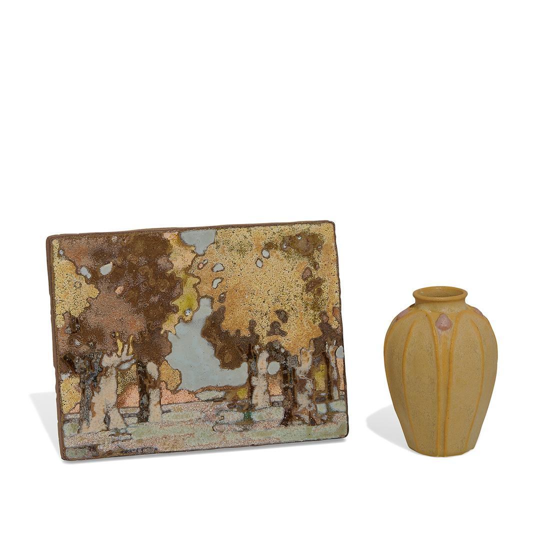 Art Accardi, Arts & Clay Co. plaque and vase: Art Accardi (active late 20th / early 21st century) for Arts & Clay Co. plaque with a colorful fall landscape and vase with carved leaves and pink flowers Saugerties, New York, 2010 (plaque) gloss and