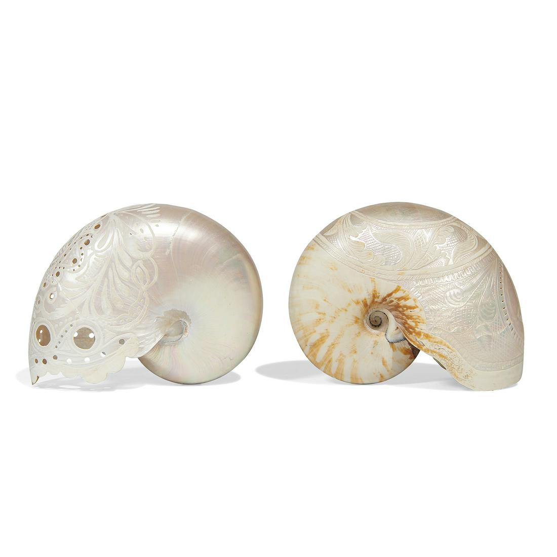 Southeast Asian carved nautilus shells, two (1 of 6)