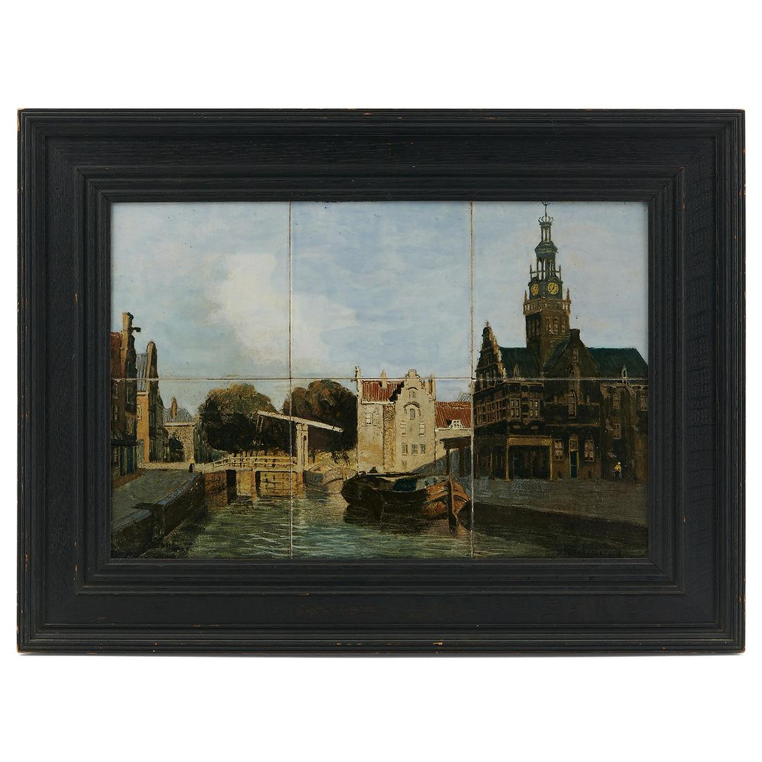 Rozenburg Pottery six-tile tableau, canal scene (1 of 2)