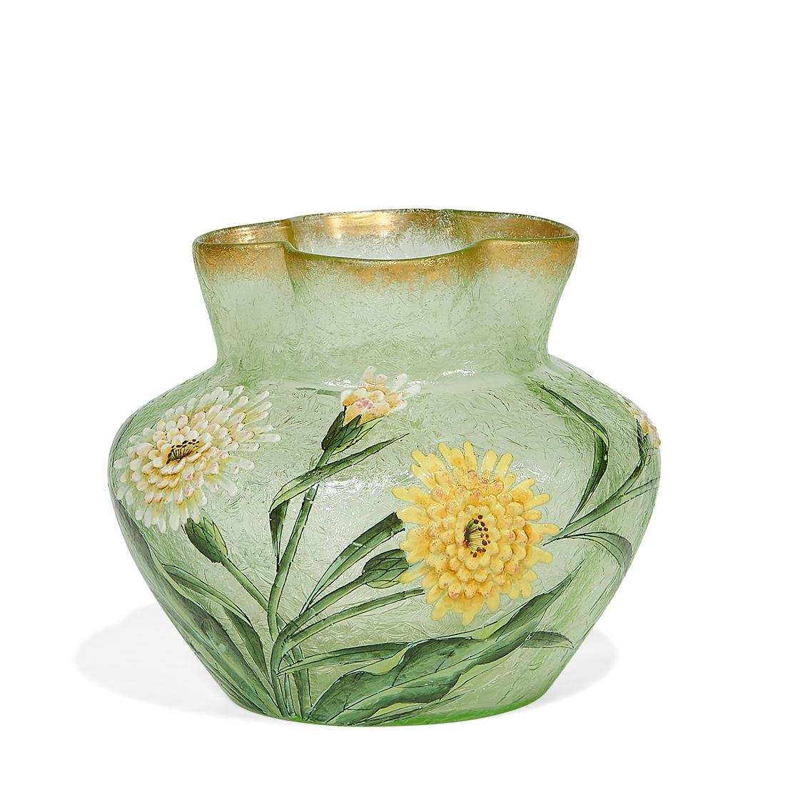 French bulbous vase with ruffled rim: French bulbous vase with ruffled rim and carnation decoration France glass, enamel unmarked 5 5/8"dia x 5"h Provenance: Property from the Collection of Governor Jim Thompson, Chicago, Illinois