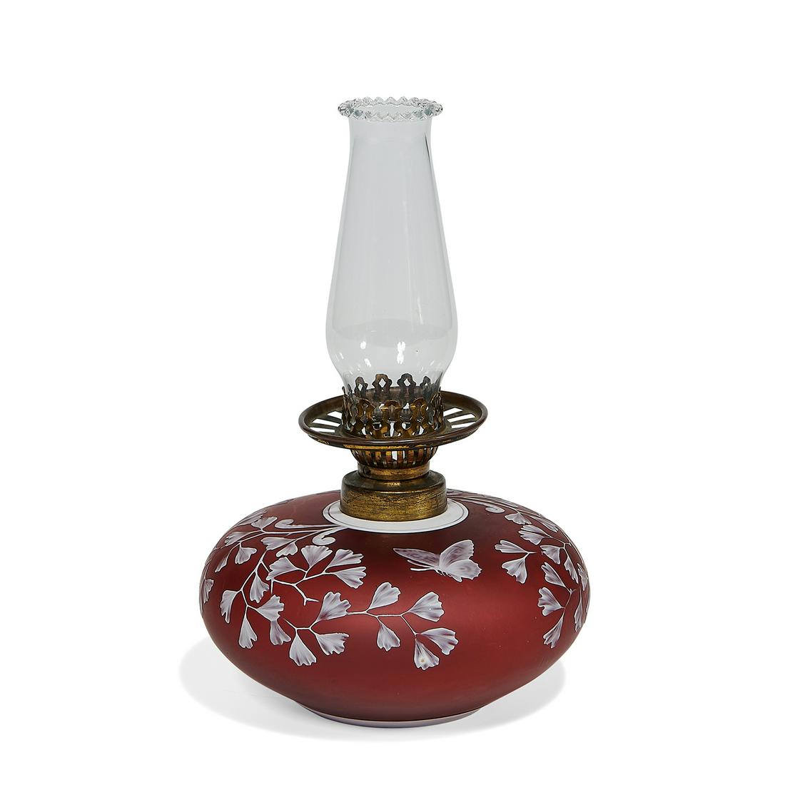 Thomas Webb & Sons oil lamp base with chimney: Thomas Webb & Sons oil lamp base with chimney, having maidenhair fern and butterfly decoration London, England cameo glass, clear glass, metal unmarked overall: 5 1/4"dia x 8 1/2"h Provenance: Propert