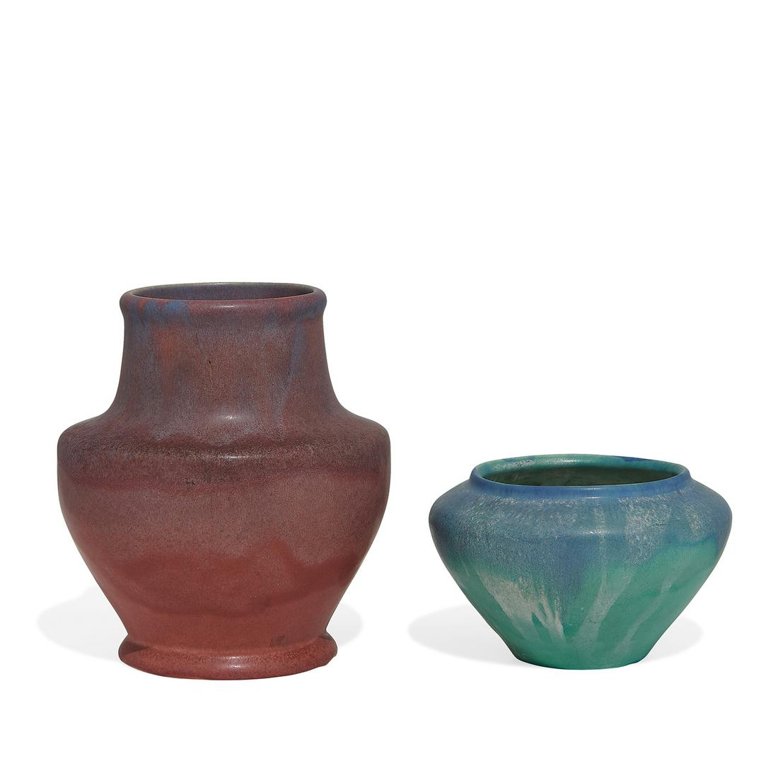 Muncie Pottery vases, unusual Flambé glazes, two (1 of 3)