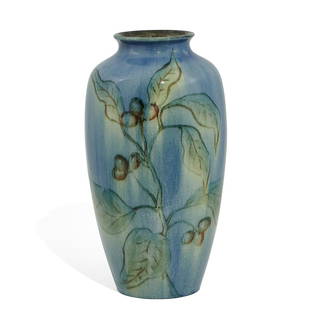 Jens Jensen, Rookwood Design Crystal glaze vase: Jens Jensen (1898-1978) for Rookwood Pottery porcelain Design Crystal glaze vase with leaf and berry decoration, shape number 614D Cincinnati, Ohio, 1944 high glazed ceramic impressed factory marks, p