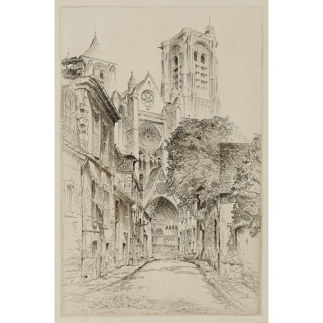 John Taylor Arms, Bourges: John Taylor Arms (American, 1887-1953) Bourges, 1925 etching signed and dated lower right margin blindstamp lower left edge 14 1/16" x 9 3/16" Catalog Note: Similar prints may be found in the collecti