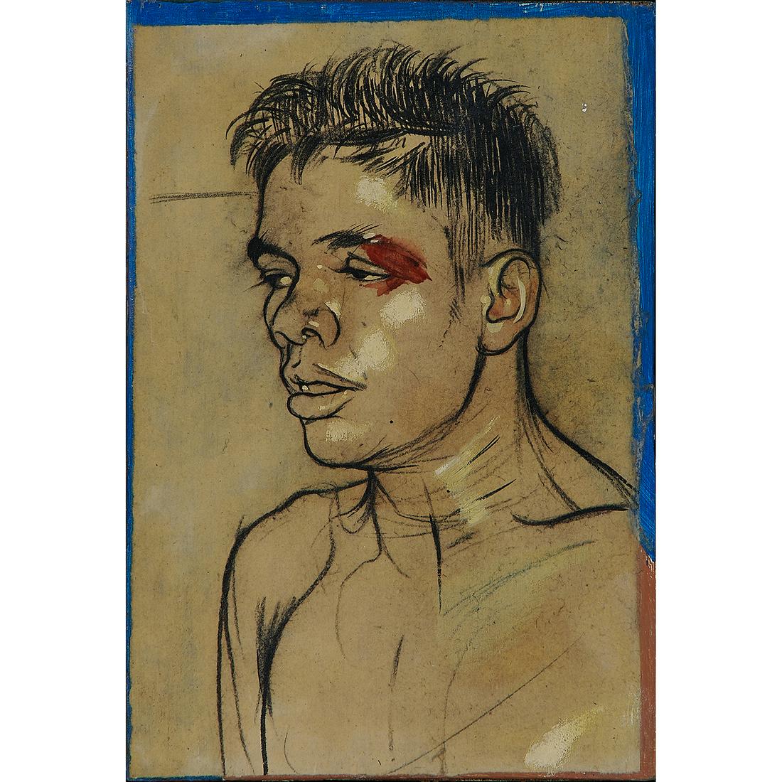 Jane Fisher, Boxer with a Bloody Eye: Jane Fisher (American, b. 1961) Boxer with a Bloody Eye, 1996 mixed media on paper laid to panel signed and dated (visual remnants verso) 9 1/8" x 6 1/4"
