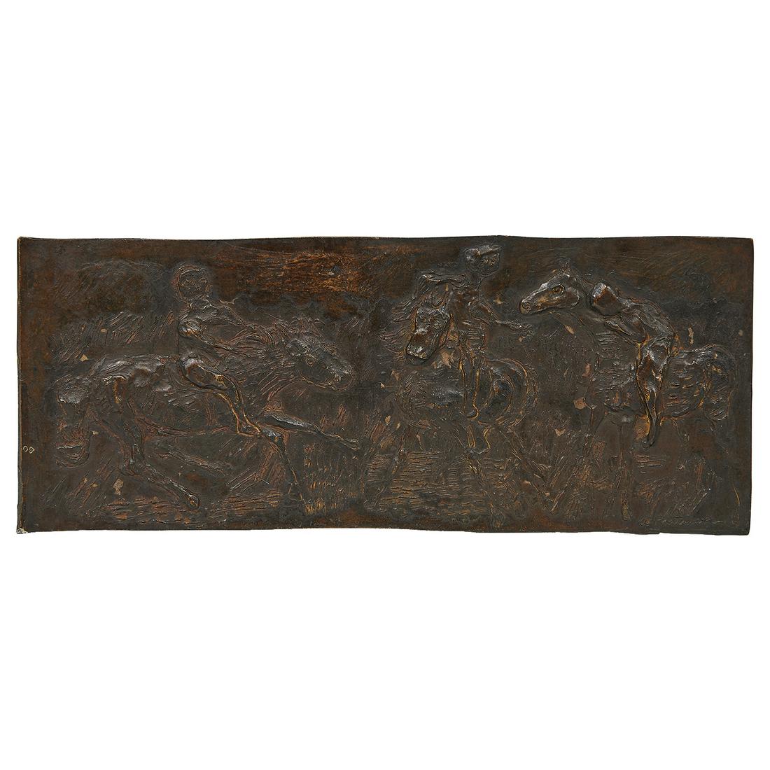 Abbott Pattisson, Horses and Riders: Abbott Pattison (American, 1916-1999) Horses and Riders bronze relief cast signature lower right stamped N-35 verso 6 3/8"h x 16"w x 3/8"d