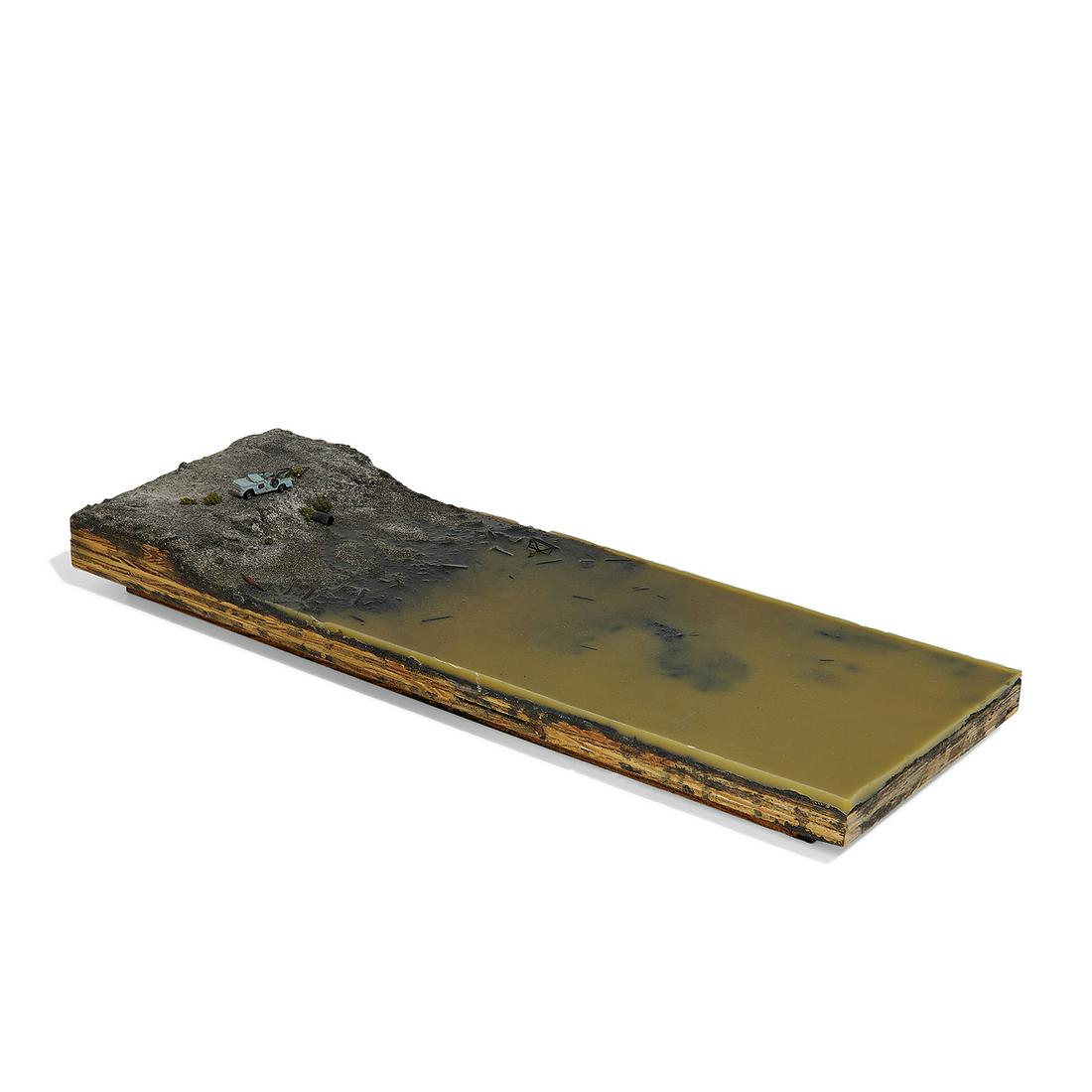 Michael Ashkin, Polluted River Open Diorama: Michael Ashkin (American, b. 1955) Polluted River Open Diorama resin with mixed media signed underneath 2 1/4"h x 7 1/4"w x 20 5/8"d
