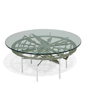 Donald Drumm coffee table: Donald Drumm (b. 1935) coffee table Akron, Ohio, circa 1975 cast aluminum, chrome-plated steel, glass unmarked 36"dia x 16 3/4"h