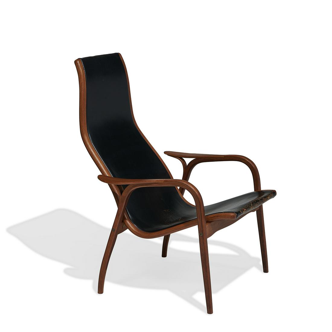 Yngve Ekström Swedese lounge chair: Yngve Ekström (1913-1988) for Swedese Möbler Lamino lounge chair Sweden, 1960s bent laminated teak, black leather branded mark 26"w x 28"d x 40"h