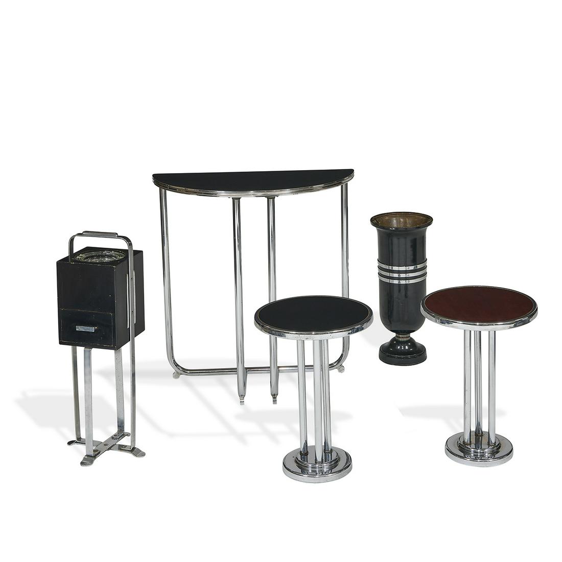 Wolfgang Hoffmann tables and stands: Wolfgang Hoffmann (1900-1969) for Howell Furniture Co. occasional tables, two, together with two smoking stands and one entry table St. Charles, Illinois, 1930s chrome-plated steel, laminate, enameled