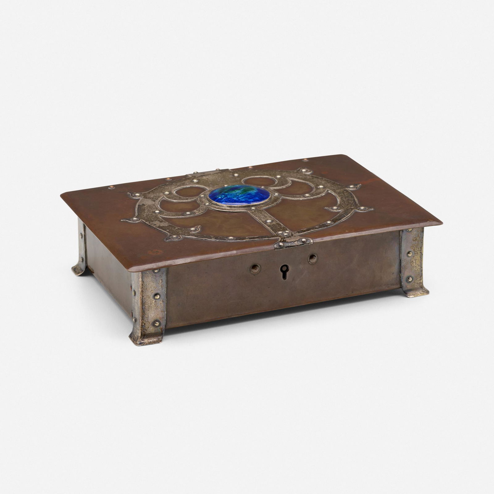 A.E. Jones, attribution, Lidded dresser box: A.E. Jones, attribution Lidded dresser box with blue-green enameled roundel United Kingdomcopper, silver, enamel, velvet 2.25 h × 7.875 w × 5.75 d in (6 × 20 × 15 cm) T