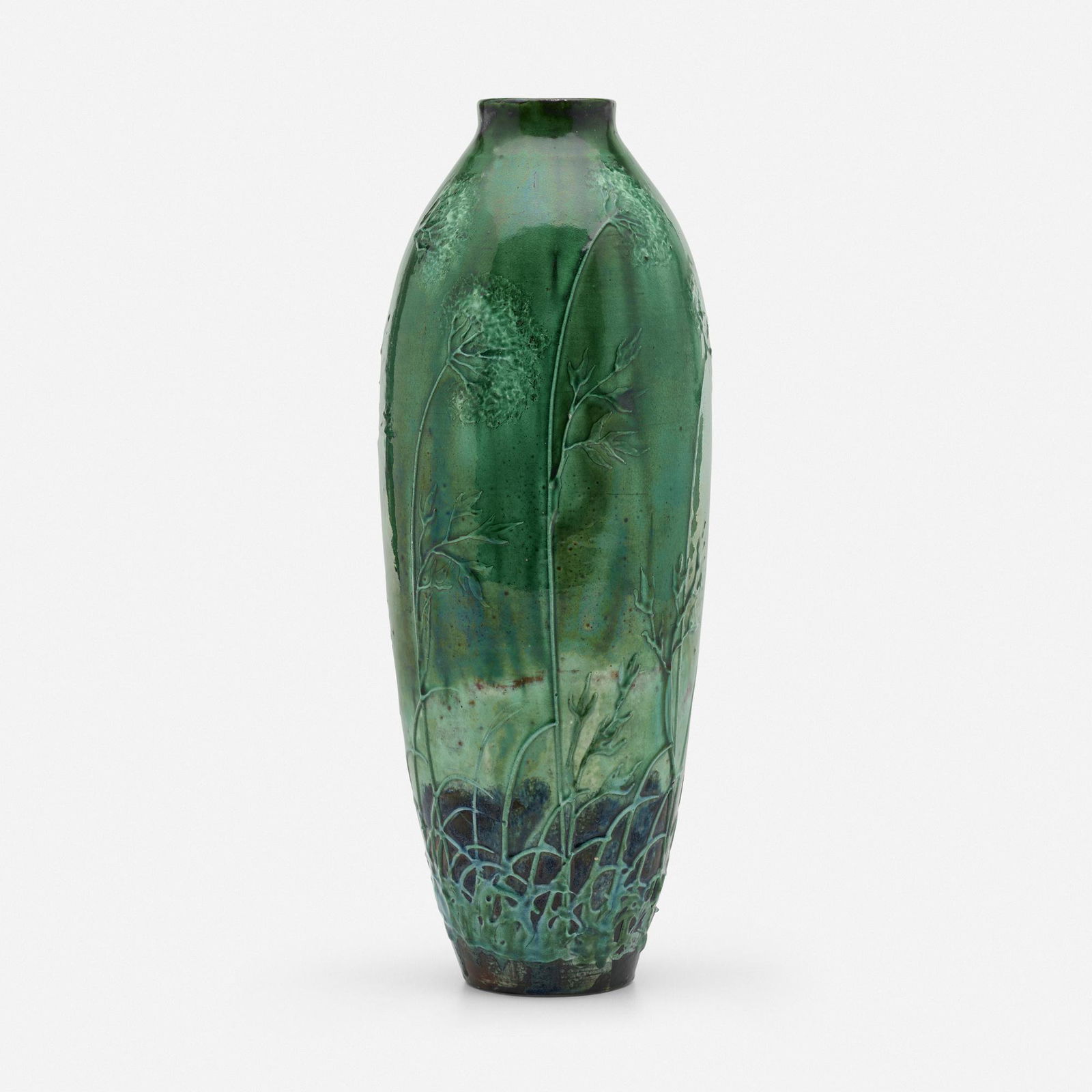 Max Lauger for Tonwerke Kandern, Tall vase: Max Lauger for Tonwerke Kandern Tall vase with Queen Anne's lace Germany, c. 1910glazed earthenware with squeeze-bag decoration 13.75 h × 4.875 dia in (35 × 12 cm) Impressed manufa