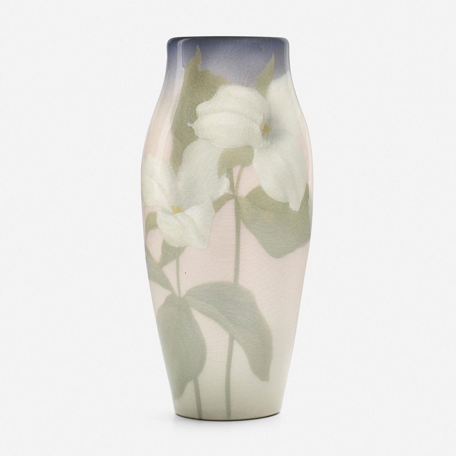 Sara Sax for Rookwood Pottery, Iris Glaze vase: Sara Sax for Rookwood Pottery Iris Glaze vase with trillium USA, 1907glazed earthenware 8 h x 3.5 dia in (20 x 9 cm) Impressed manufacturer's mark, date and number to underside 'Flame mark VII
