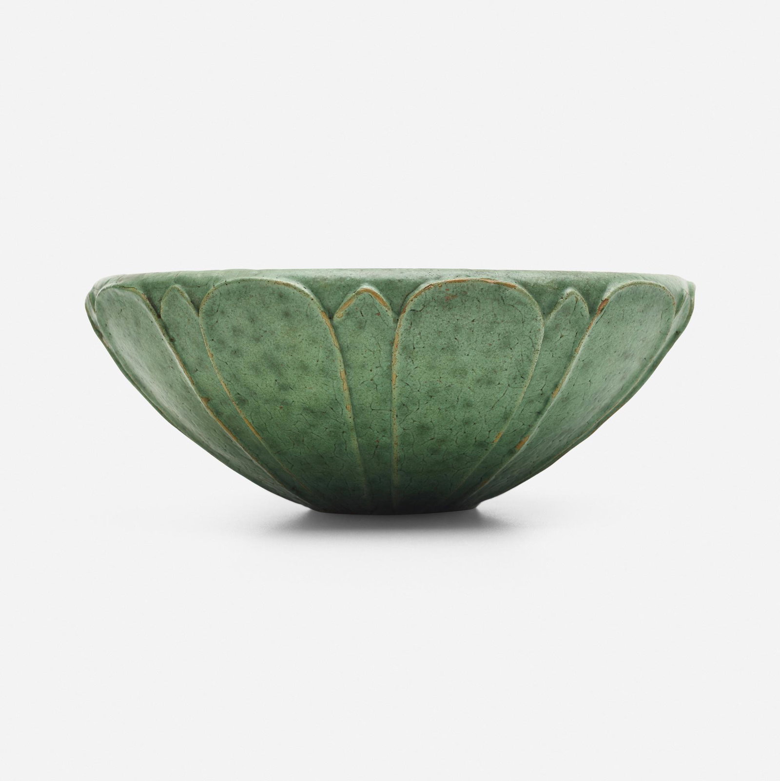 Ellen Farrington for Grueby Faience Company, Bowl: Ellen Farrington for Grueby Faience Company Bowl with overlapping leaves USA, c. 1907 carved leathery-glazed earthenware 3.875 h x 10 dia in (10 x 25 cm) Impressed manufacturer's mark to unders