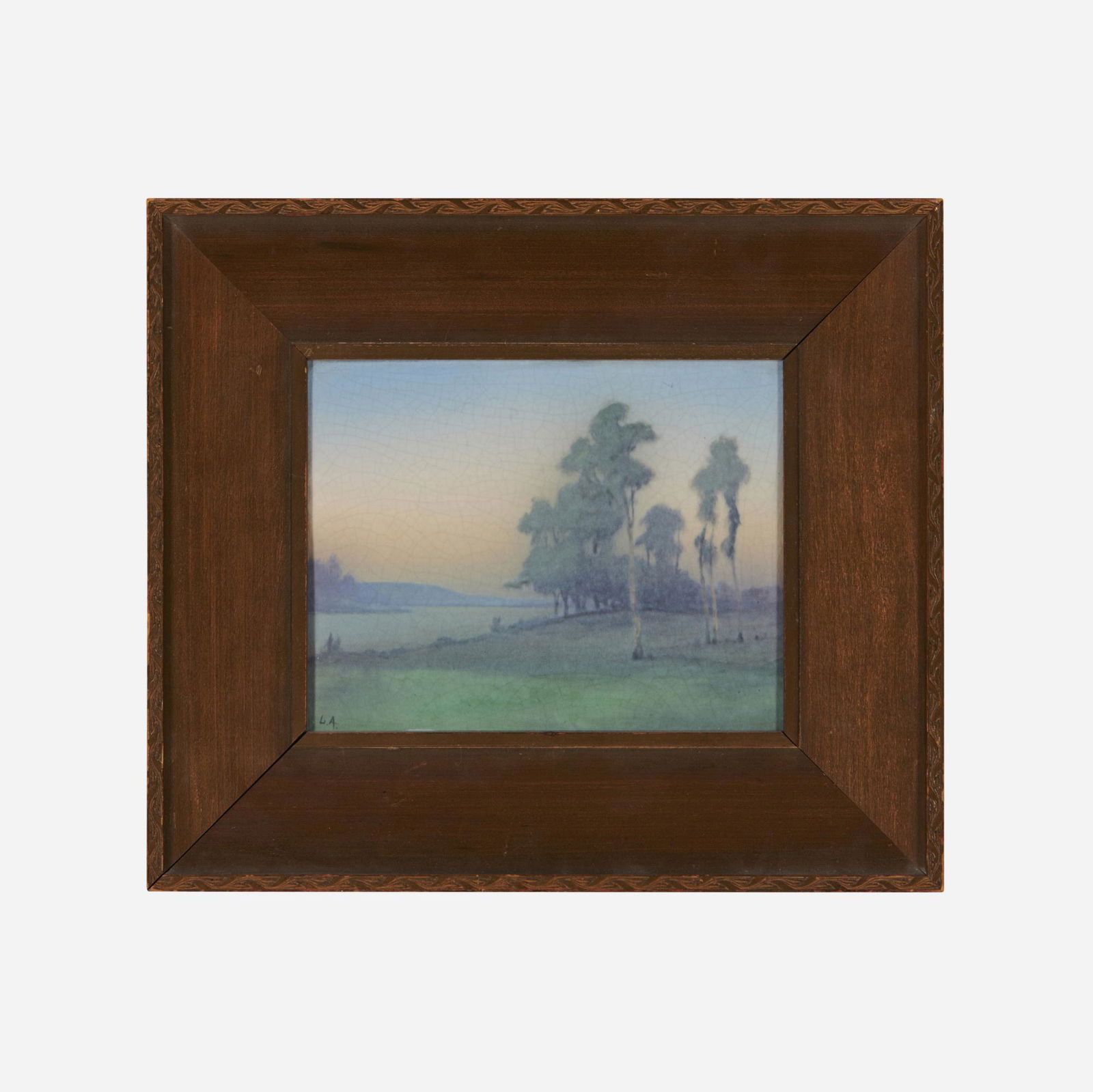 Lenore Asbury for Rookwood Pottery, The River: Lenore Asbury for Rookwood Pottery The River (Vellum plaque) USA, 1919glazed earthenware, original frame 7.25 h x 9.25 w in (18 x 23 cm) Glazed signature to lower left 'L.A.'. Impressed manufa