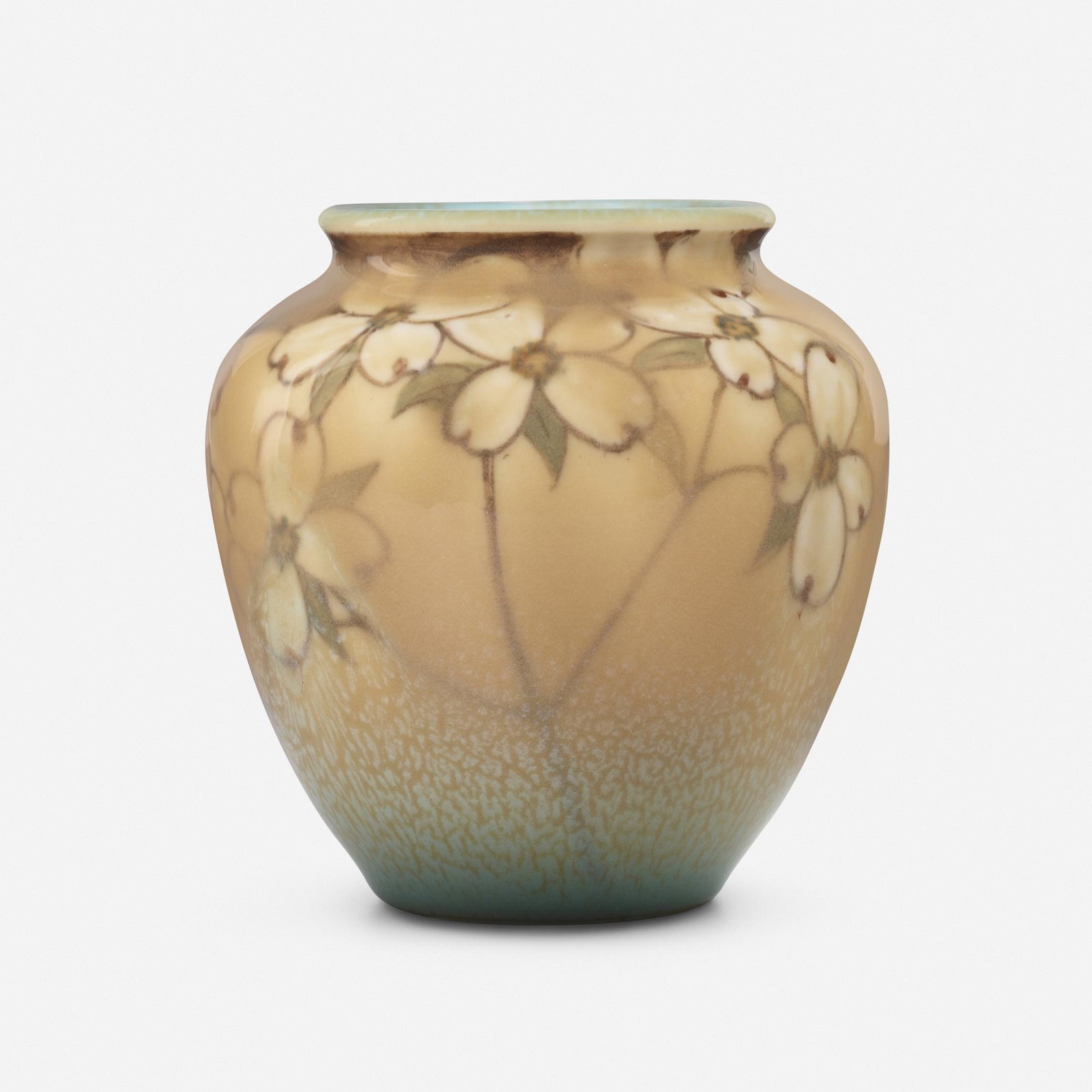 Kataro Shirayamadani, Ivory Jewel Porcelain vase: Kataro Shirayamadani for Rookwood Pottery Fine Ivory Jewel Porcelain vase with dogwood blossoms USA, 1934 glazed porcelain 4.75 h x 4.5 dia in (12 x 11 cm) Impressed manufacturer's mark, date a