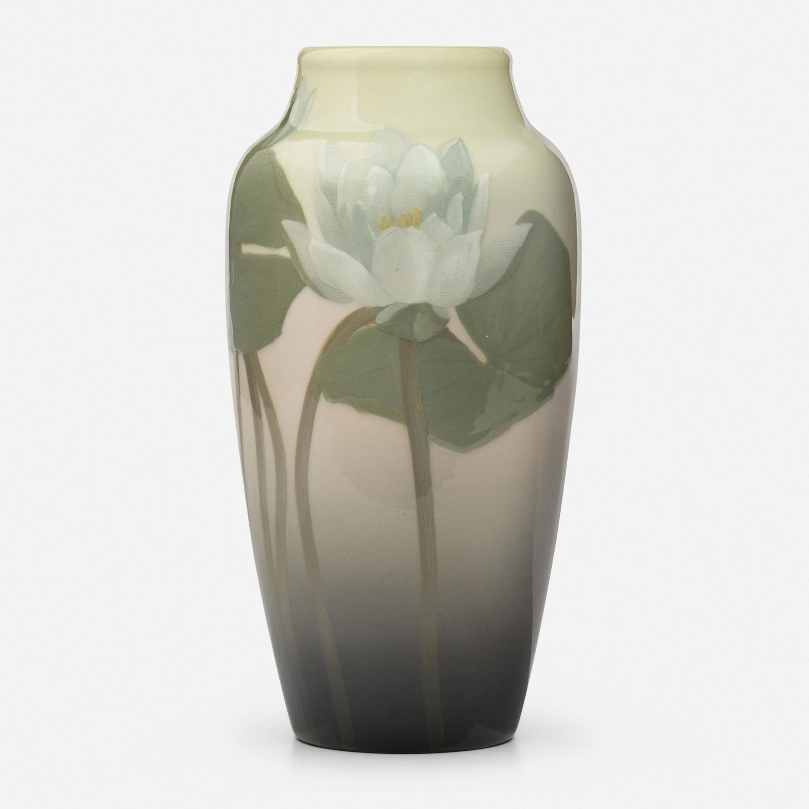 Sara Sax for Rookwood Pottery, Iris Glaze vase: Sara Sax for Rookwood Pottery Iris Glaze vase with water lilies USA, 1908glazed earthenware 10 h x 5 dia in (25 x 13 cm) Impressed manufacturer's mark, date and number to underside 'Flame mark