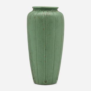Wheatley Pottery, Tall vase: Wheatley Pottery Tall vase with overlapping leaves USA, c. 1905glazed earthenware 14.125 h x 6.75 dia in (36 x 17 cm) Incised manufacturer's logo to underside. This work wi