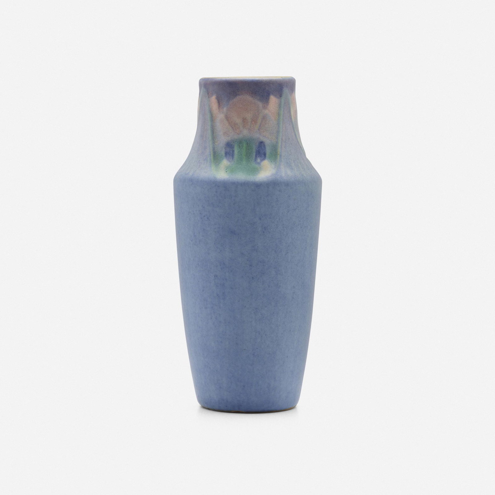 Newcomb College Pottery, Vase: Newcomb College Pottery Vase with stylized irises USA, 1925 glazed earthenware 4.625 h x 2 dia in (12 x 5 cm) Impressed manufacturer's marks to underside 'NC 15 OV 93' with unidentified artist'