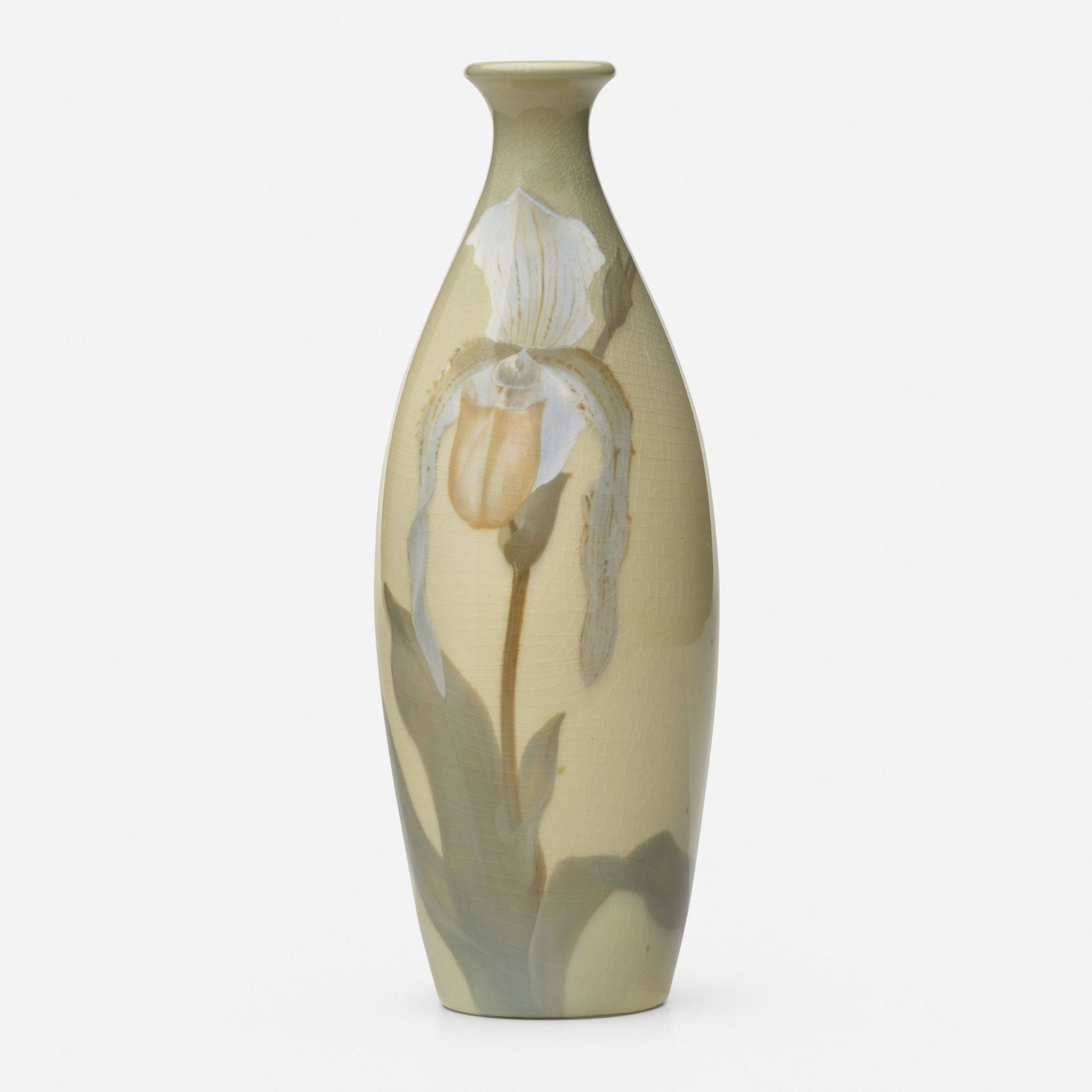 Carl Schmidt for Rookwood, Iris Glaze vase: Carl Schmidt for Rookwood Pottery Iris Glaze vase with lady's slipper orchid USA, 1901glazed earthenware 10 h x 3.5 dia in (25 x 9 cm) Impressed manufacturer's mark, date, and number to unders