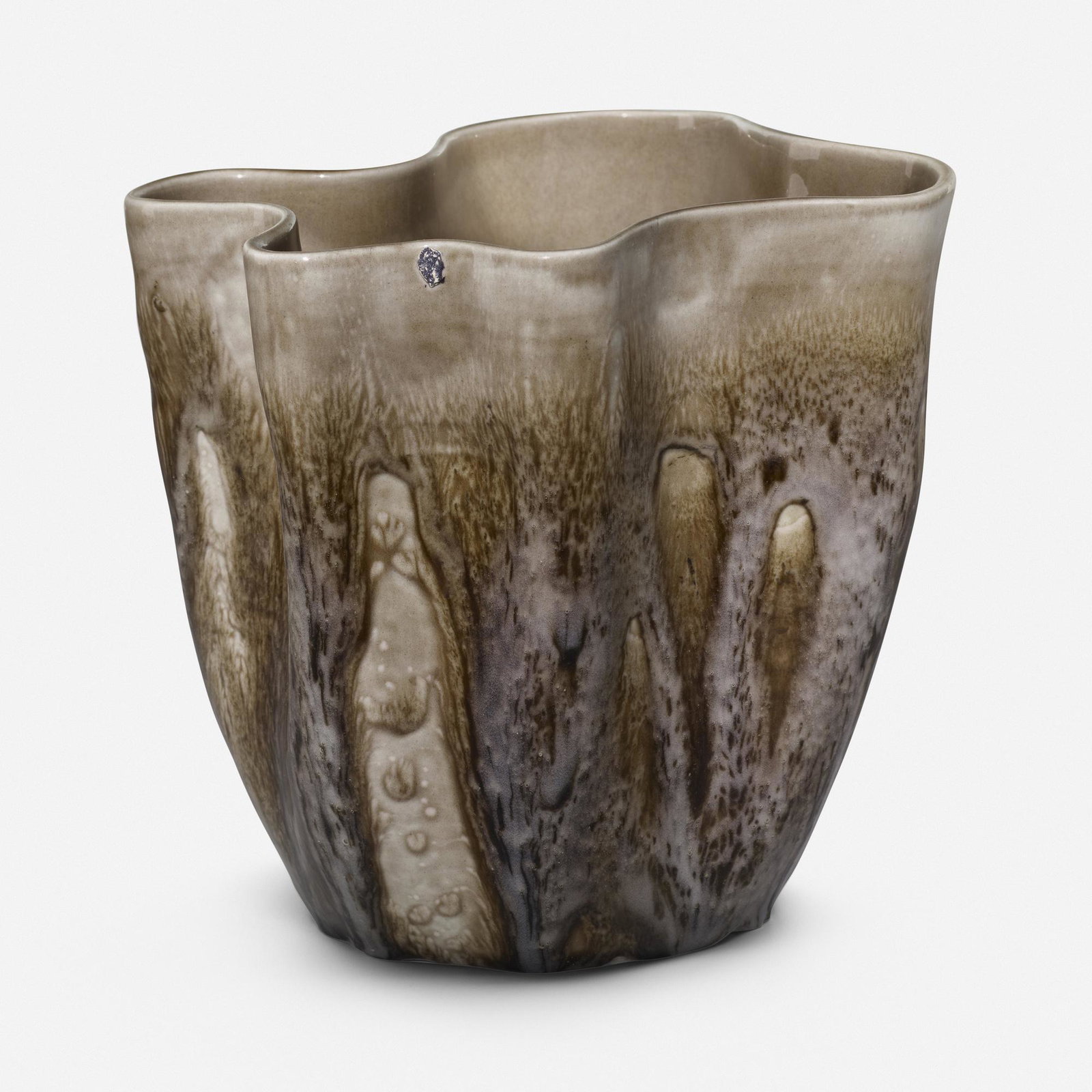 Rookwood Pottery, Bengal Brown handkerchief vase: Rookwood Pottery Bengal Brown handkerchief vase USA, 1960 glazed porcelain 7.875 h x 8.5 w x 8.625 d in (20 x 22 x 22 cm) Impressed manufacturer's mark, date and number to underside 'Flame mark