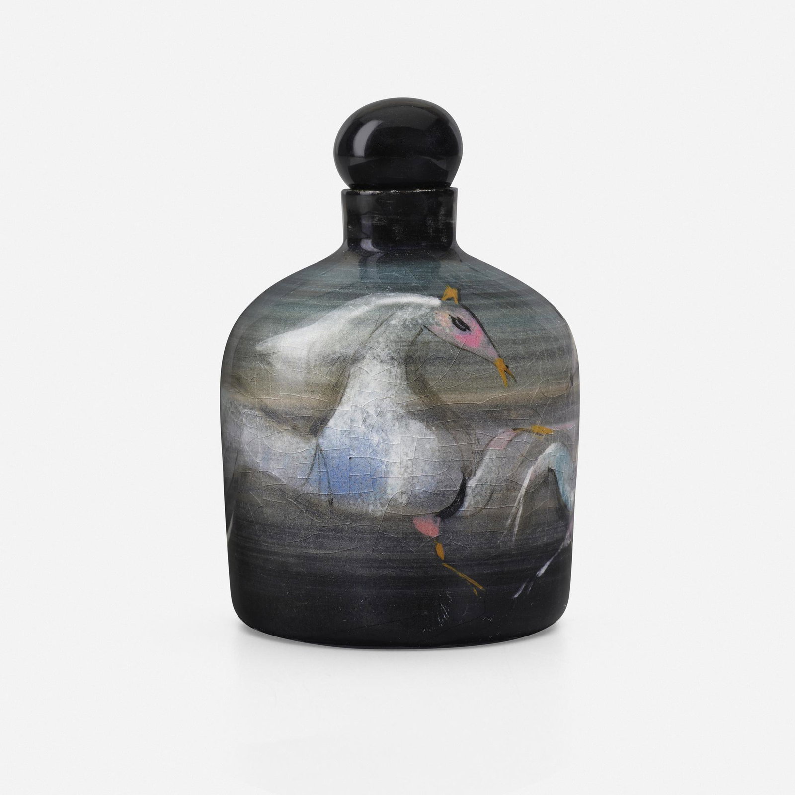 Polia Pillin, Bottle with horses: Polia Pillin Bottle with horses USA, c. 1950 glazed earthenware 4.625 h x 3 dia in (12 x 8 cm) Glazed artist's signature to underside. This work will ship from Chicago, Illi
