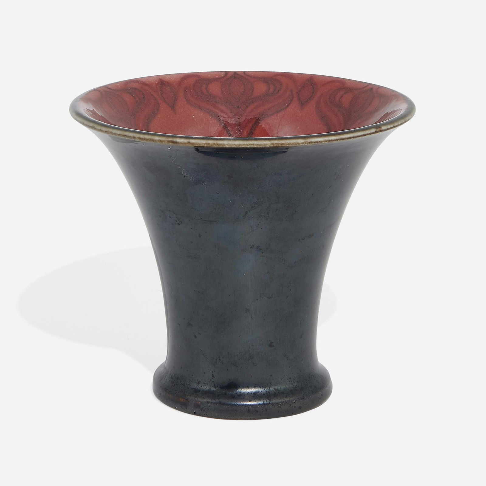 Sara Sax for Rookwood, French Red Glaze vase: Sara Sax for Rookwood Pottery French Red Glaze flared vase USA, 1924glazed porcelain 5.5 h x 6.375 dia in (14 x 16 cm) Vase features Nubian Black glaze to the exterior. Impressed manufa