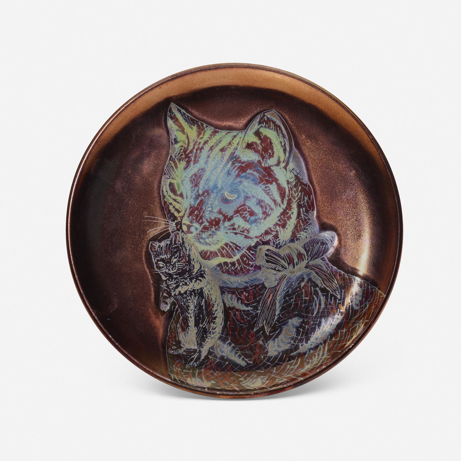 Jerome Massier, Charger with cat and kitten: Jerome Massier Charger with cat and kitten France, c. 1905lustre-glazed earthenware 1.125 h x 8 dia in (3 x 20 cm) Glazed signature to underside. This work will ship from C
