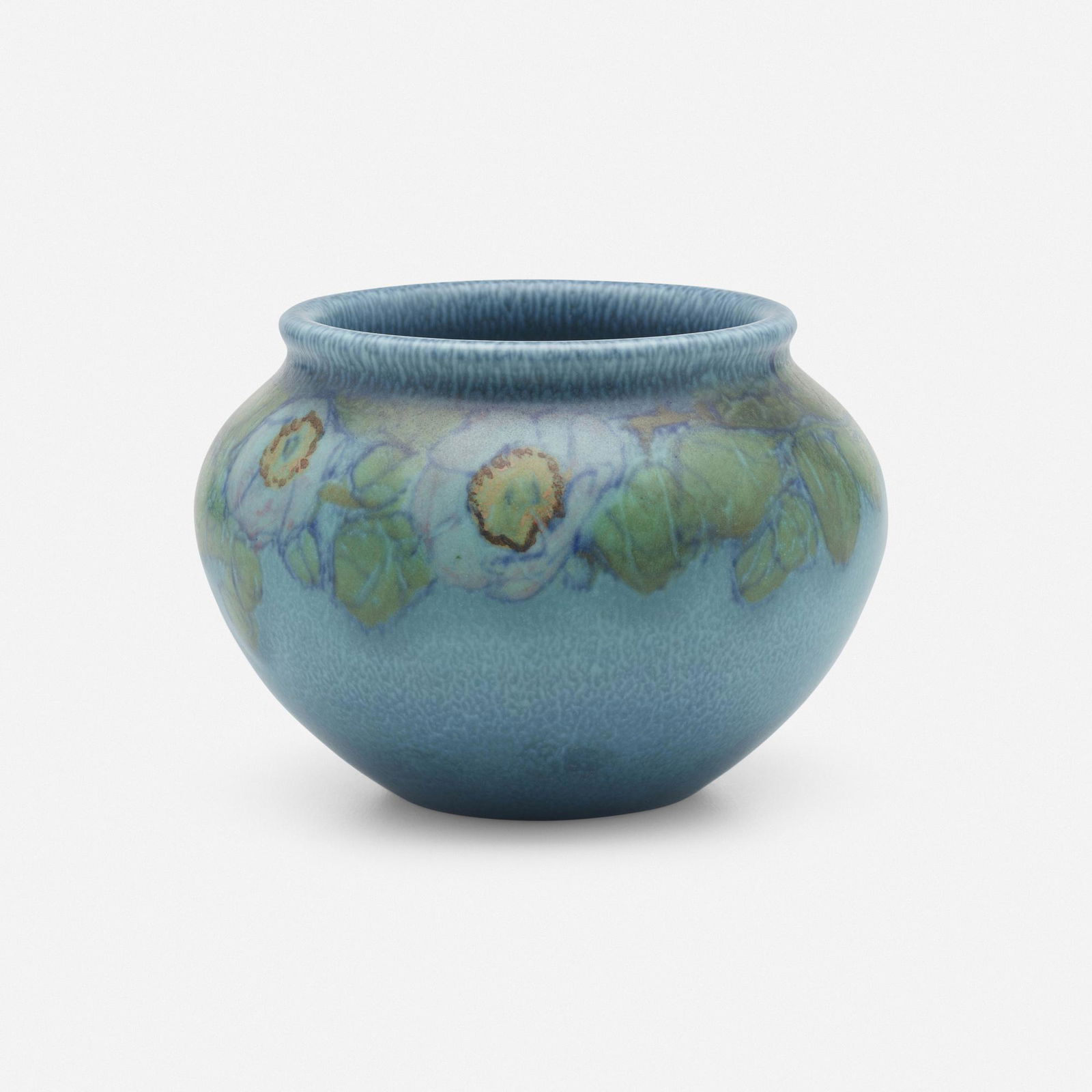 Sallie Coyne for Rookwood, Painted Mat vase: Sallie Coyne for Rookwood Pottery Painted Mat vase with wild roses USA, 1928glazed porcelain 3.75 h x 5.25 dia in (10 x 13 cm) Impressed manufacturer's mark, date and number to underside 'Flam