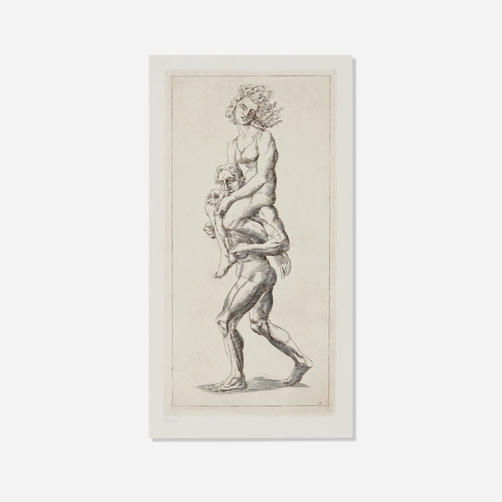 Reginald Marsh, Pickaback: Reginald Marsh Pickaback 1938-39engraving image: 10 h x 5 w in (25 x 13 cm) sheet: 15.5 h x 13 w in (39 x 33 cm) Printed signature to lower right 'RM'. Numbered to lower left margin '3/100'