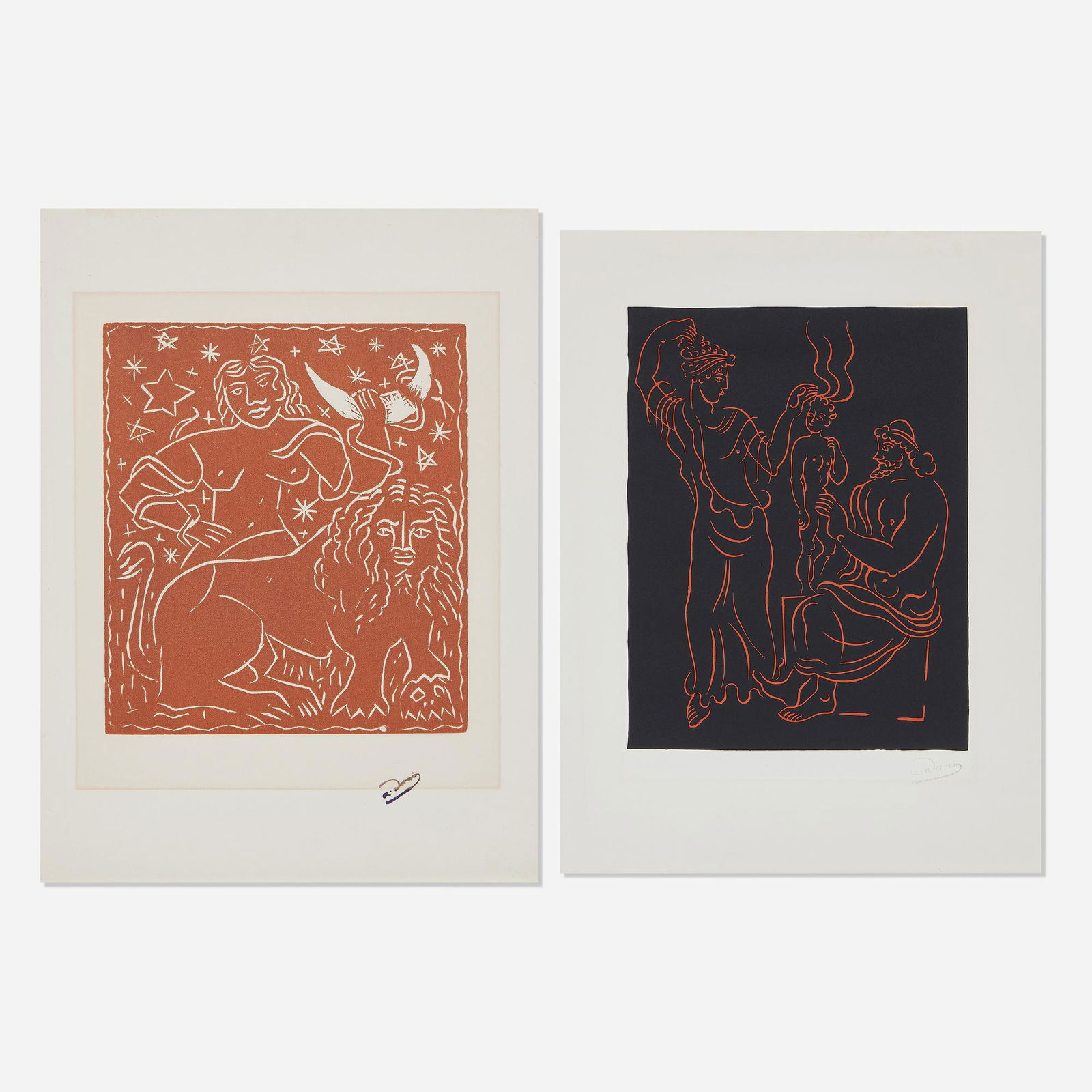 After Andre Derain, L'Enfant; Zodiac (two works): After Andre Derain L'Enfant; Zodiac (two works) c. 1968-70linocut and wood engaving in colors image: 11.25 h x 8.625 w in (29 x 22 cm) image: 7.125 h x 6.375 w in (18 x 16 cm) Stamped signa
