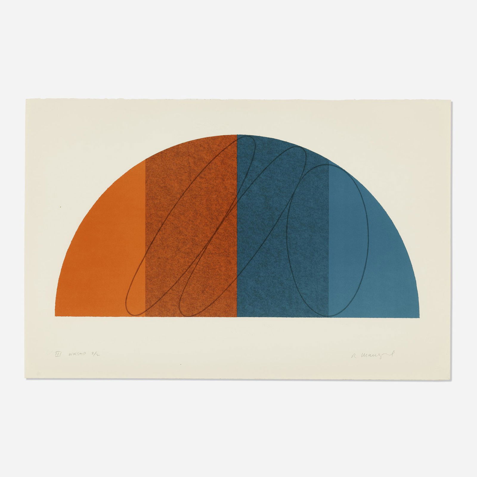 Robert Mangold, Semi Circle III (from the Semi-Circle series): Robert Mangold Semi Circle III (from the Semi-Circle series) 1995lithograph in colors on Somerset 28.75 h x 44 w in (73 x 112 cm) Signed, titled and numbered to lower edge 'III WKSHP 2/2 R. Ma