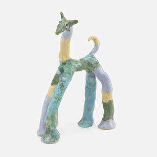 Overbeck Pottery, Llama figurine: Overbeck Pottery Llama figurine USA, c. 1940glazed earthenware 8 h x 5.25 w x 2 d in (20 x 13 x 5 cm) Incised manufacturer's mark to underside of one foot 'OBK'. Provenance: