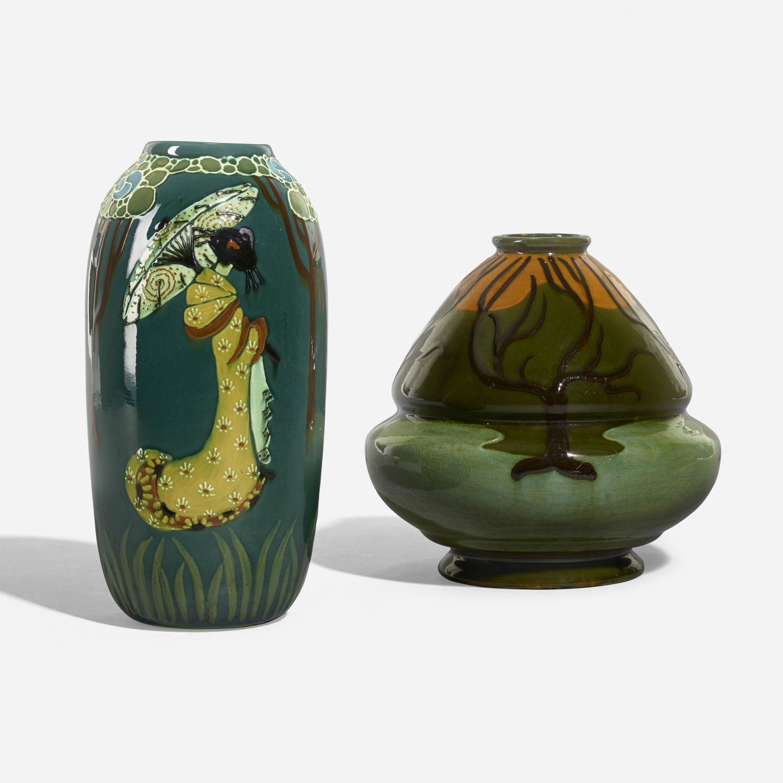 Frederick Hurten Rhead, Vases, set of two: Frederick Hurten Rhead Vases, set of two USA, 1903-04 glazed ceramic with squeeze-bag decoration 8.75 h x 4.25 dia in (22 x 11 cm) 6.75 h x 7 dia in (17 x 18 cm) Set is comprised of an early