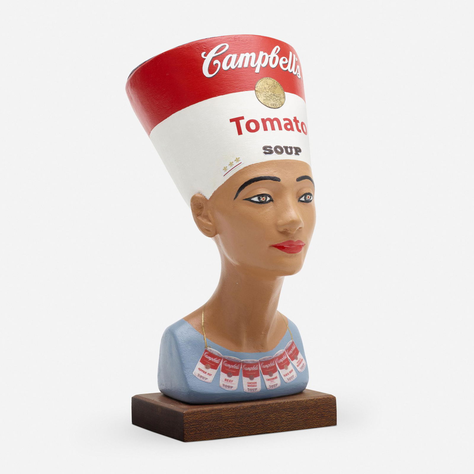 Bruce Houston and Billy Wilder, Warhol Nefertete: Bruce Houston and Billy Wilder Warhol Nefertete (Campbell's Soup) acrylic on plaster, printed paper, brass, glass 8.625 h x 3.75 w x 5.75 d in (22 x 10 x 15 cm) vitrine: 9.5 h x 7.75 w x 7.75 d in (24